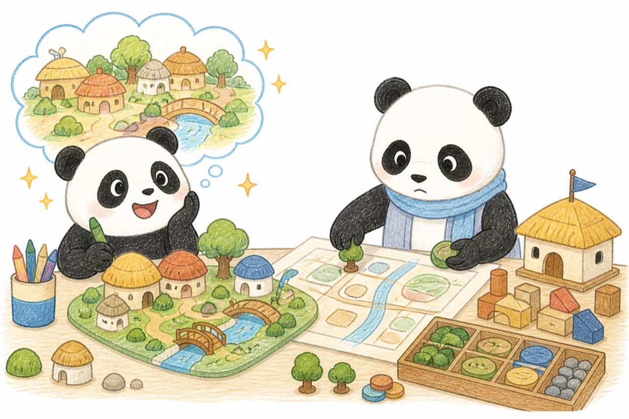 A pragmatic panda leader turns an idealistic village plan into rules and strategy.