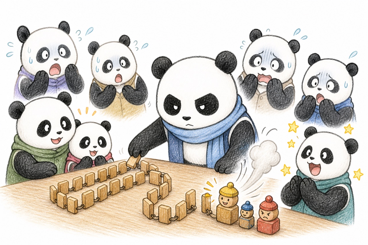 A stern panda strategist receives an ironic mix of alarm and admiration.