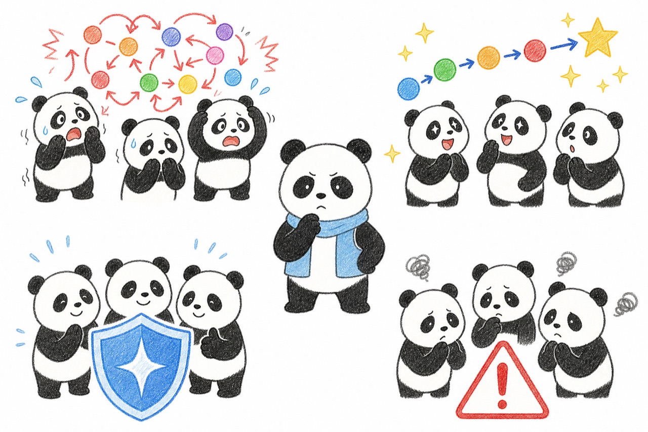 Four groups of pandas react to a strategist with fear, respect, trust, and concern.