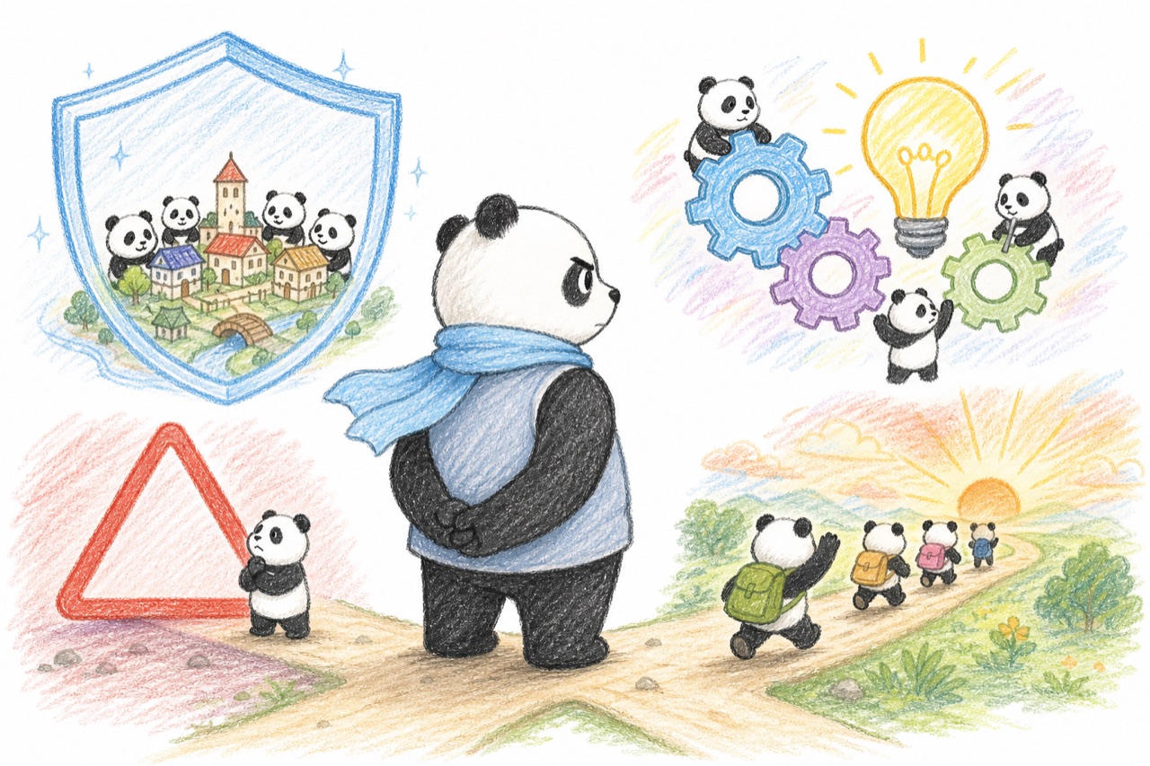 A complex panda leader balances protection, innovation, ethical risk, and sacrifice.