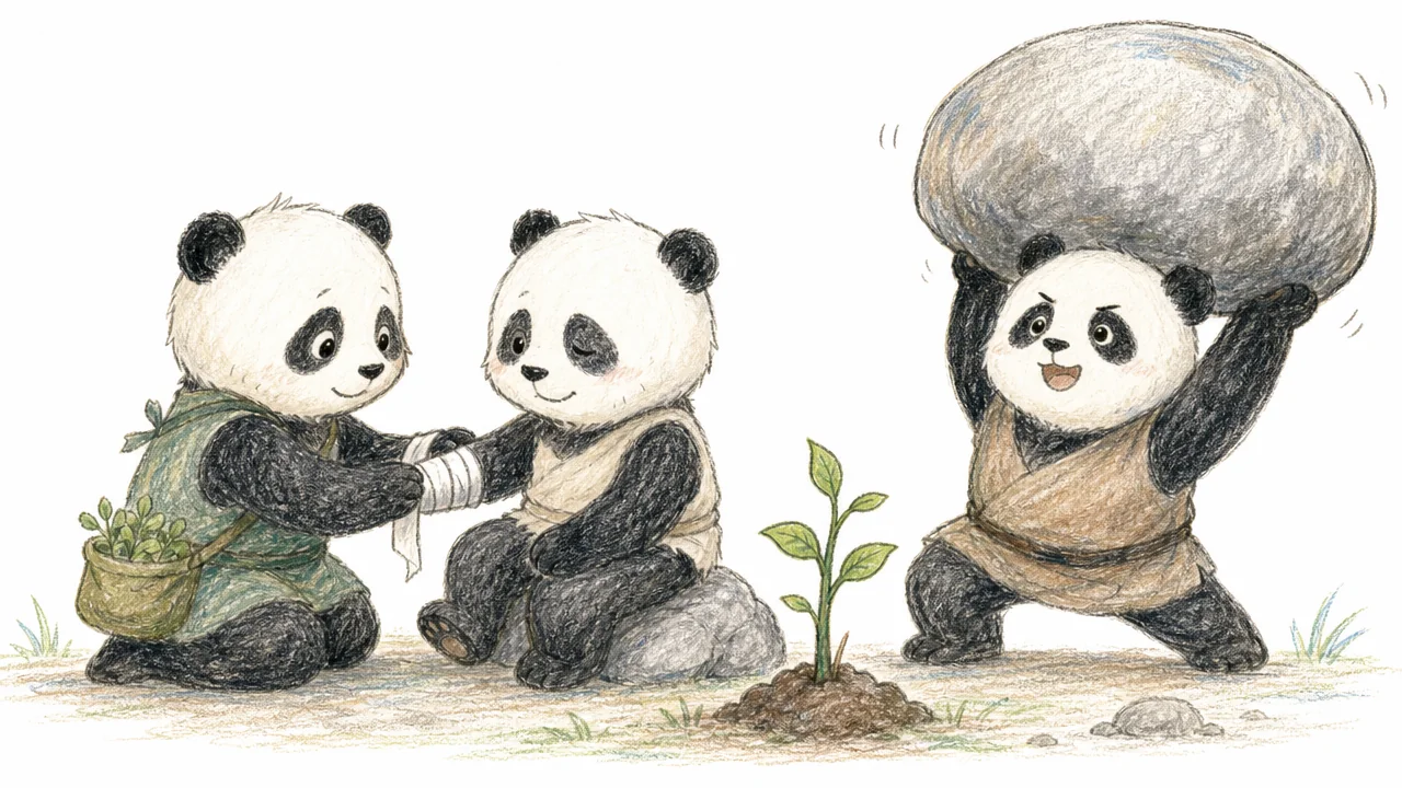 Pandas symbolize medical skill, strength, teamwork, and growth.