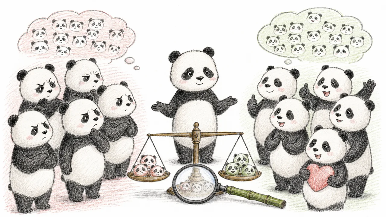 A balanced group of pandas represents criticism and support without consensus.