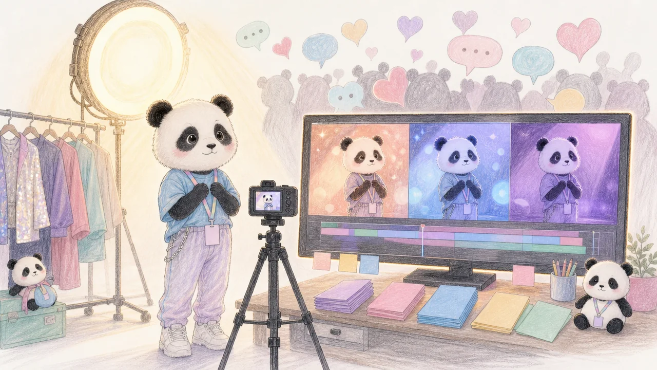 Panda performer viewed through a camera and editing monitor as the audience forms different impressions.