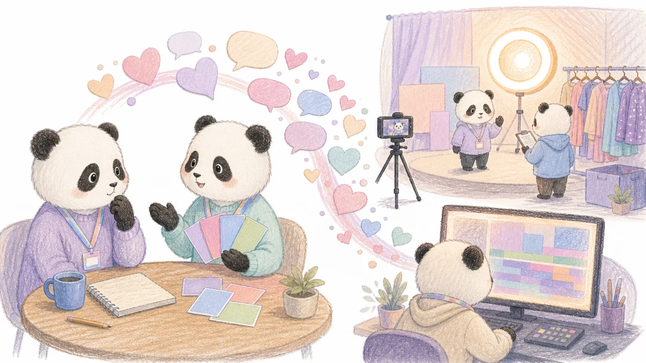 Pandas discuss media responsibility beside a symbolic reality-show set in a quiet, respectful scene.