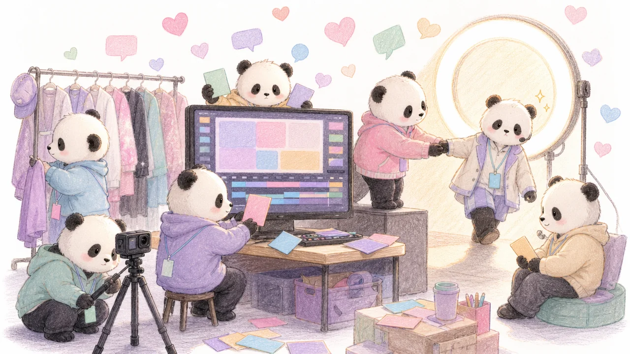 Backstage pandas adjust cue cards and an editing monitor while helping a performer step into the light.