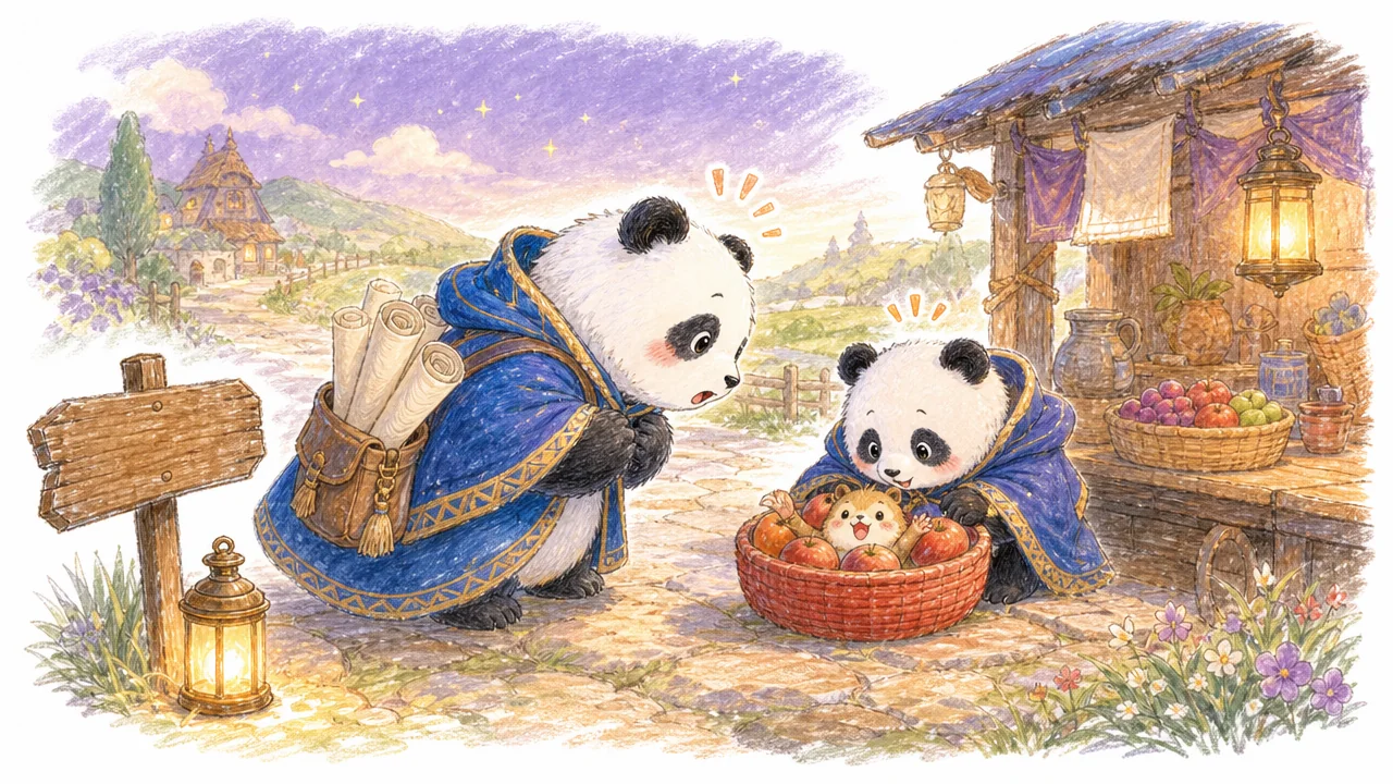 Panda adventurers discover a harmless surprise at a mysterious fantasy roadside stall.