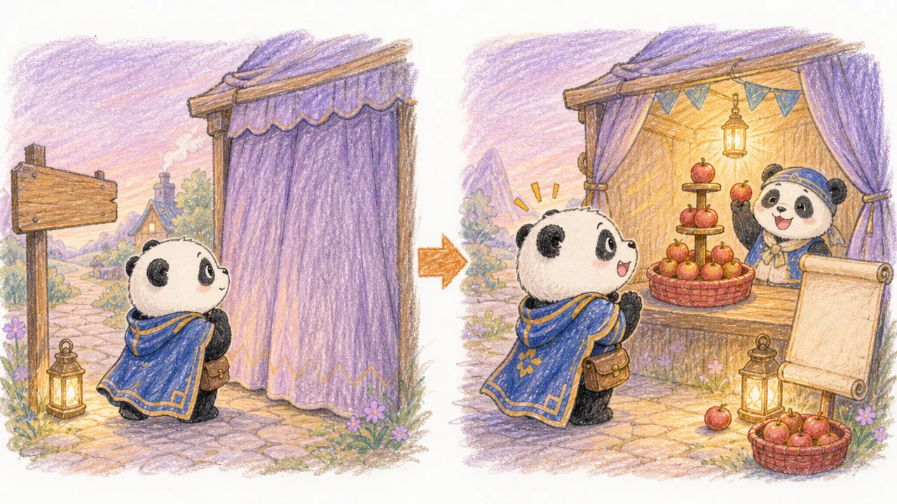 A curious panda expects a mystery but finds a silly fruit game behind a curtain.