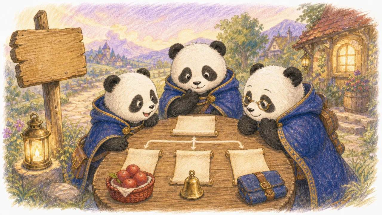 Panda adventurers compare branching scrolls and props from earlier fantasy-road encounters.