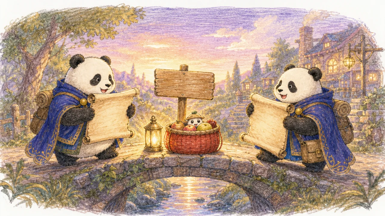 Two panda travelers meet at a shared playful reveal despite carrying different versions.