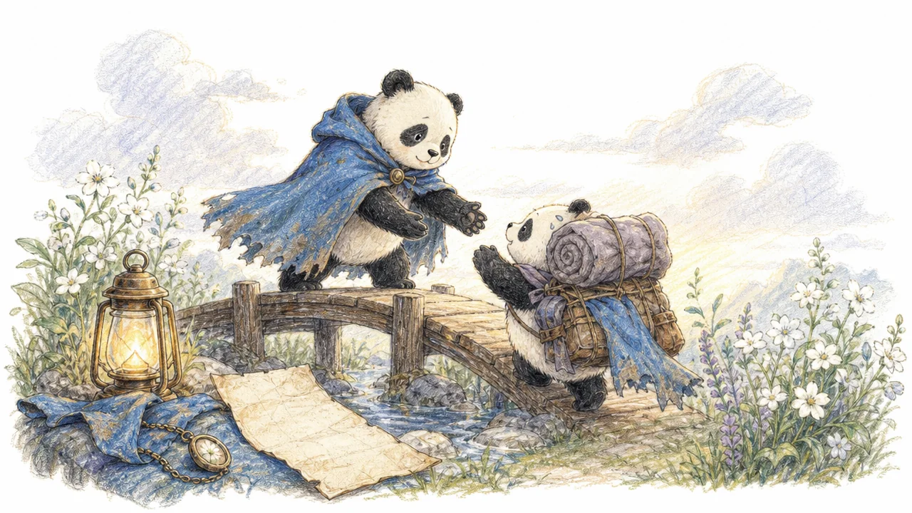 A panda helps a companion across a small bridge.