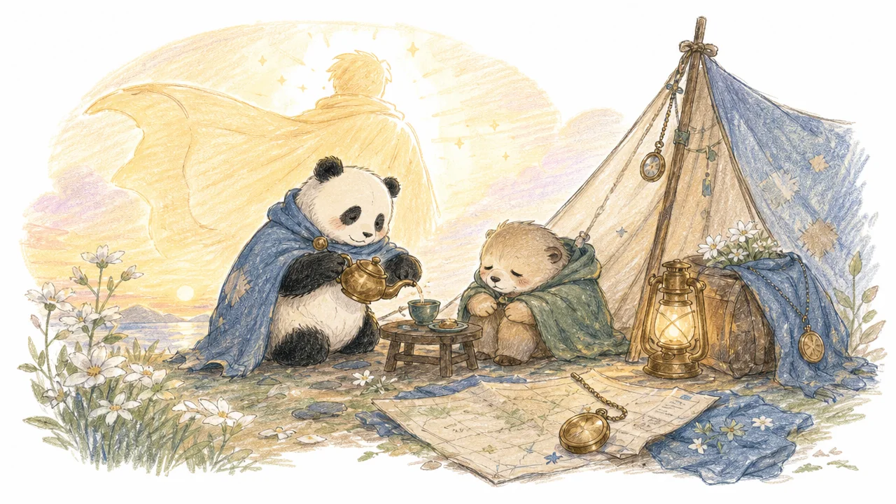 A panda serves tea with exaggerated heroic importance.