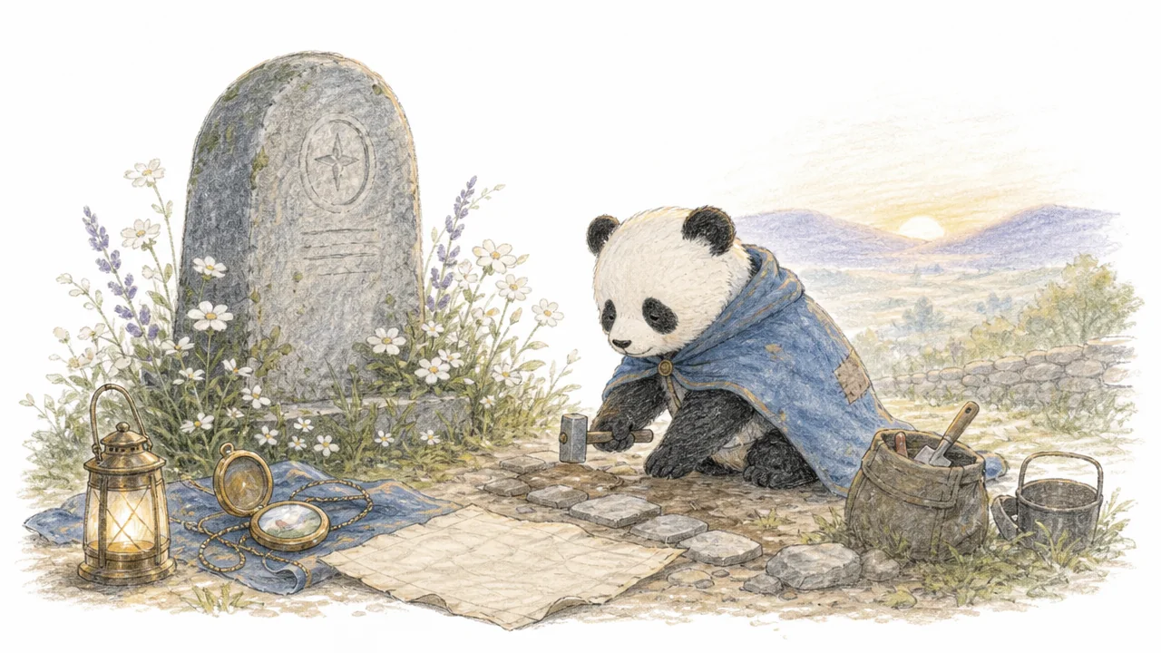 A panda turns remembrance into repairing a garden path.