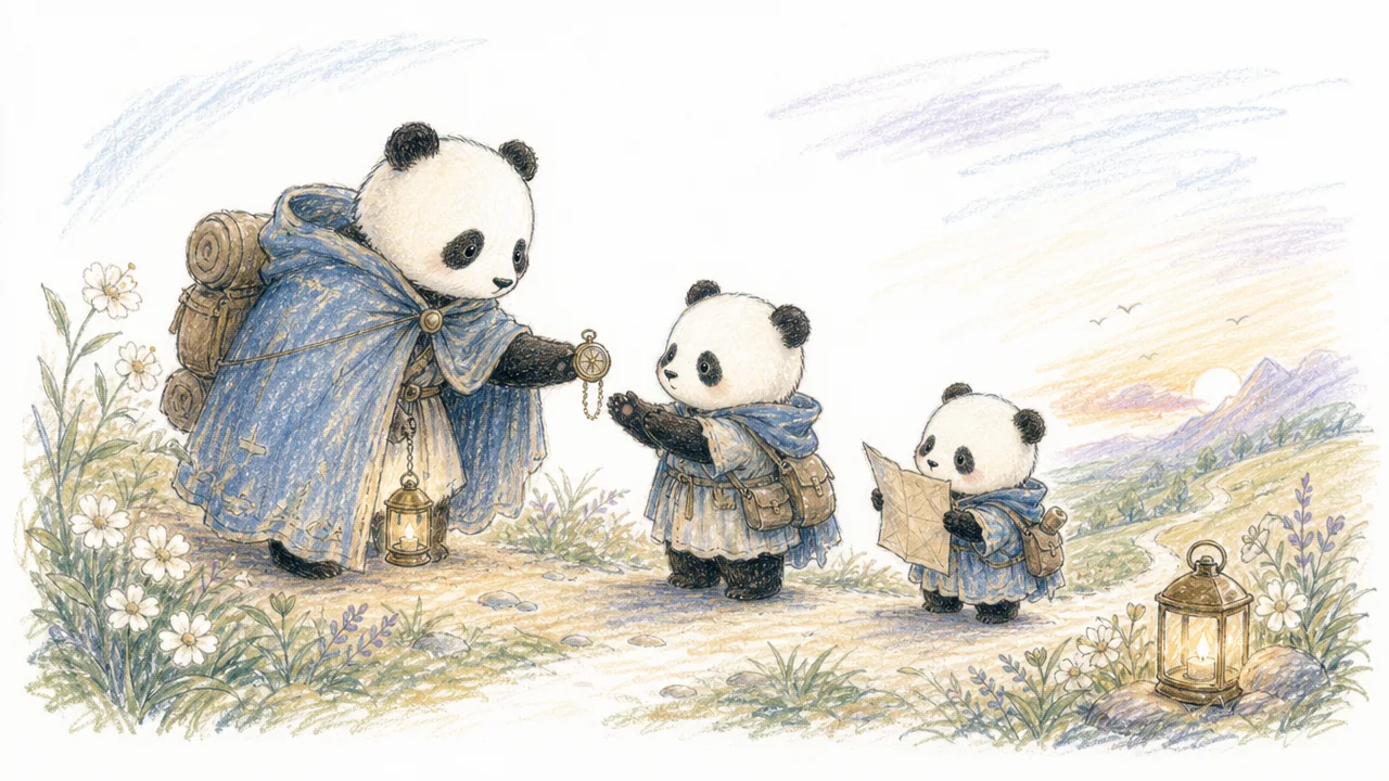 Three panda travelers pass kindness and memories along a trail.