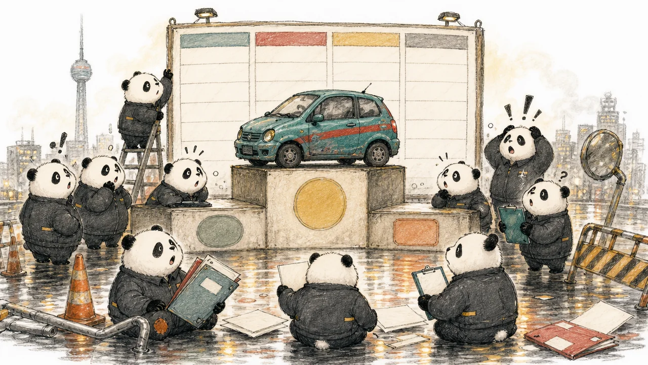 Pandas react in surprise as a compact car takes a top spot in a blank popularity poll.