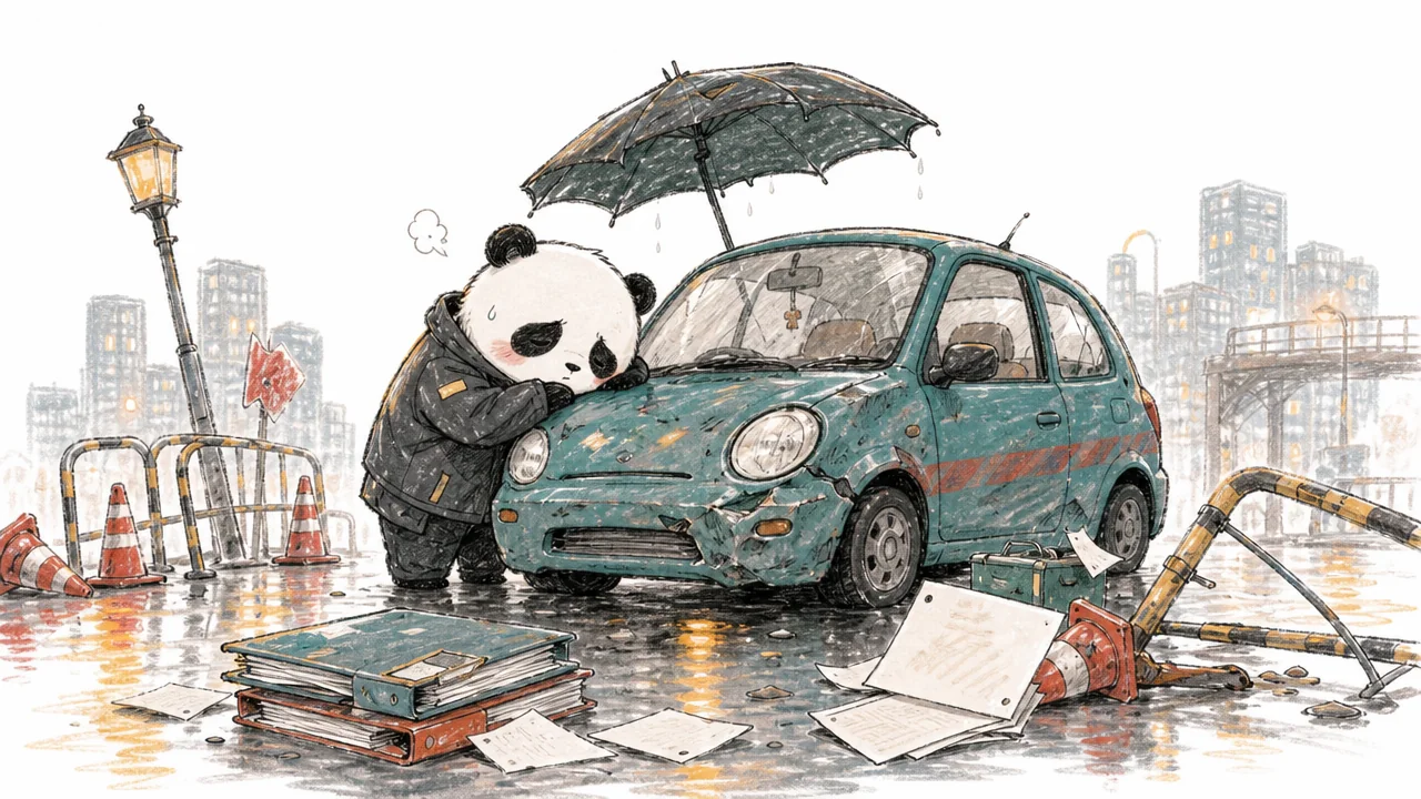 A worried panda stands beside a battered car after a series of comic rainy mishaps.