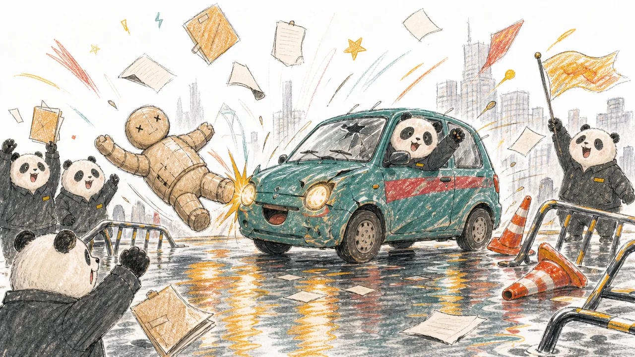 A battered teal car performs a harmless rescue stunt as amazed pandas cheer.