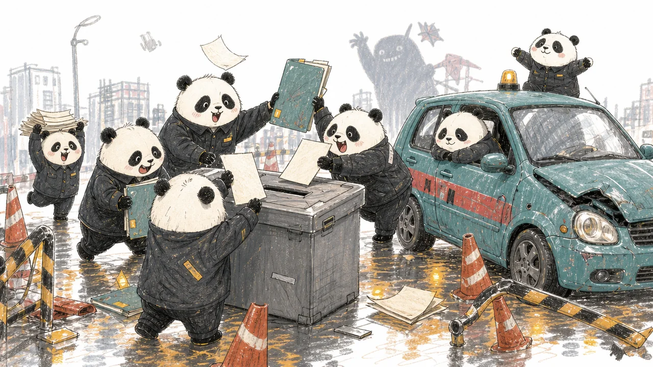 Pandas gleefully vote for a battered car while a rainy city scene falls into playful disorder.